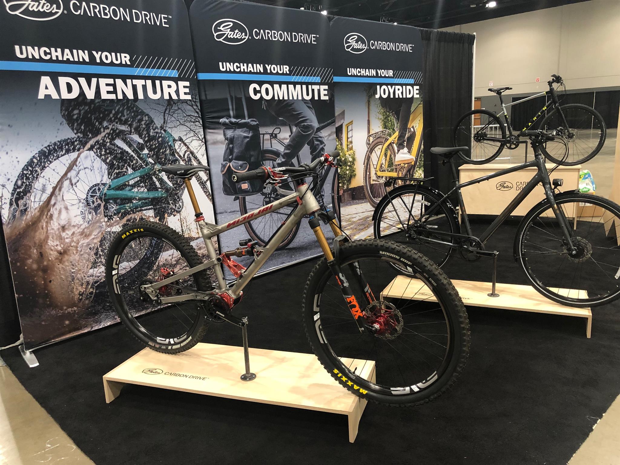 Gates booth at CABDA Midwest, with Nicolai G13 GPI, Trek District 4 Equipped, Marin Presidio 3